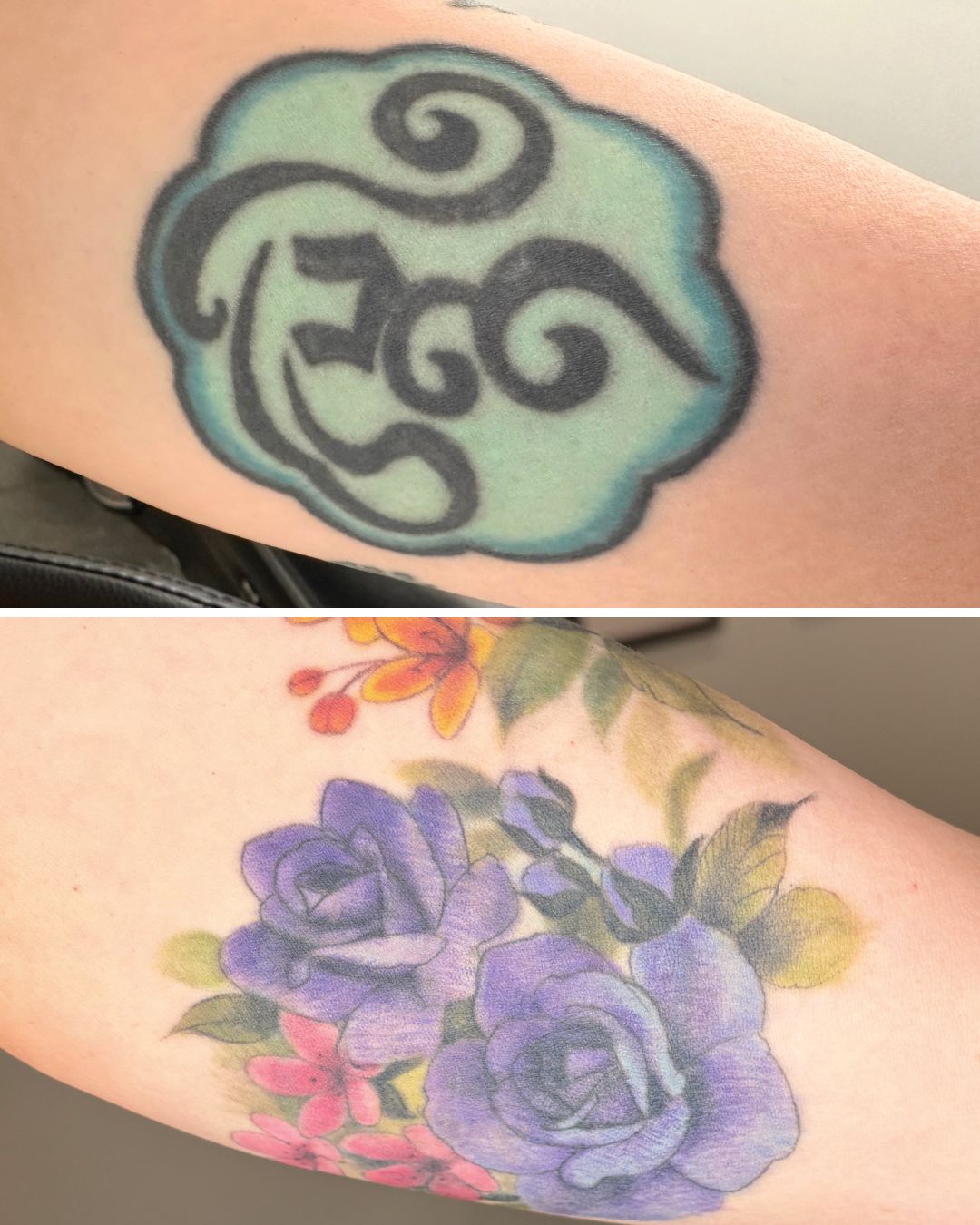 Old tattoo faded down to prepare for a fresh cover-up.