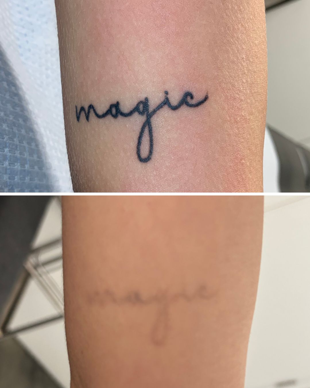 Fine script on the forearm, nearly gone.